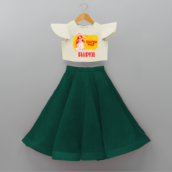 Happy Durga puja - Customized Durga Puja Themed Kids Crop Top And Skirt - BOTTLE GREEN - 6 - 9 Months Old (Chest 20" , Frock Waist 20")