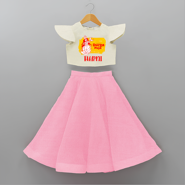 Happy Durga puja - Customized Durga Puja Themed Kids Crop Top And Skirt - PINK - 6 - 9 Months Old (Chest 20" , Frock Waist 20")