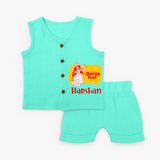 Happy Durga puja - Customized Durga Puja Themed Kids Jabla Set - AQUA GREEN - 0 - 3 Months Old (Chest 9.8")