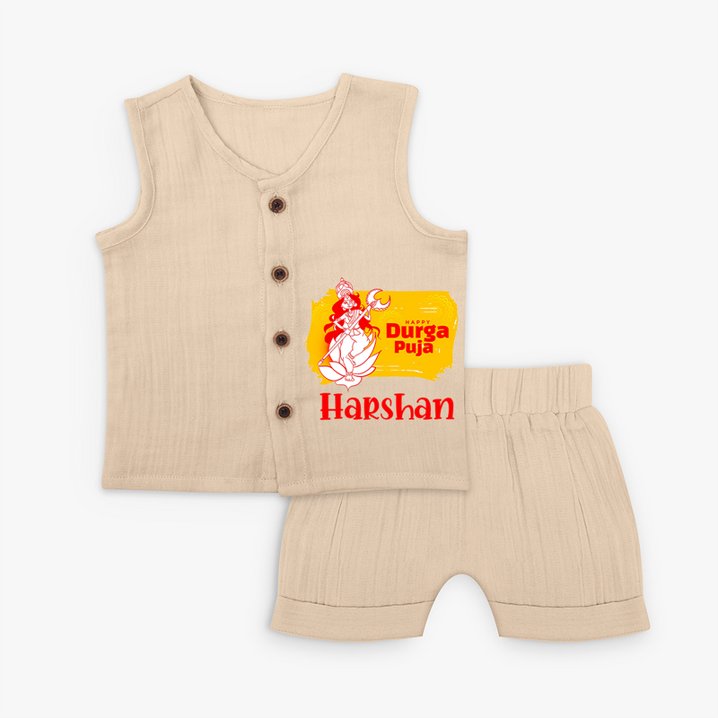 Happy Durga puja - Customized Durga Puja Themed Kids Jabla Set - CREAM - 0 - 3 Months Old (Chest 9.8")