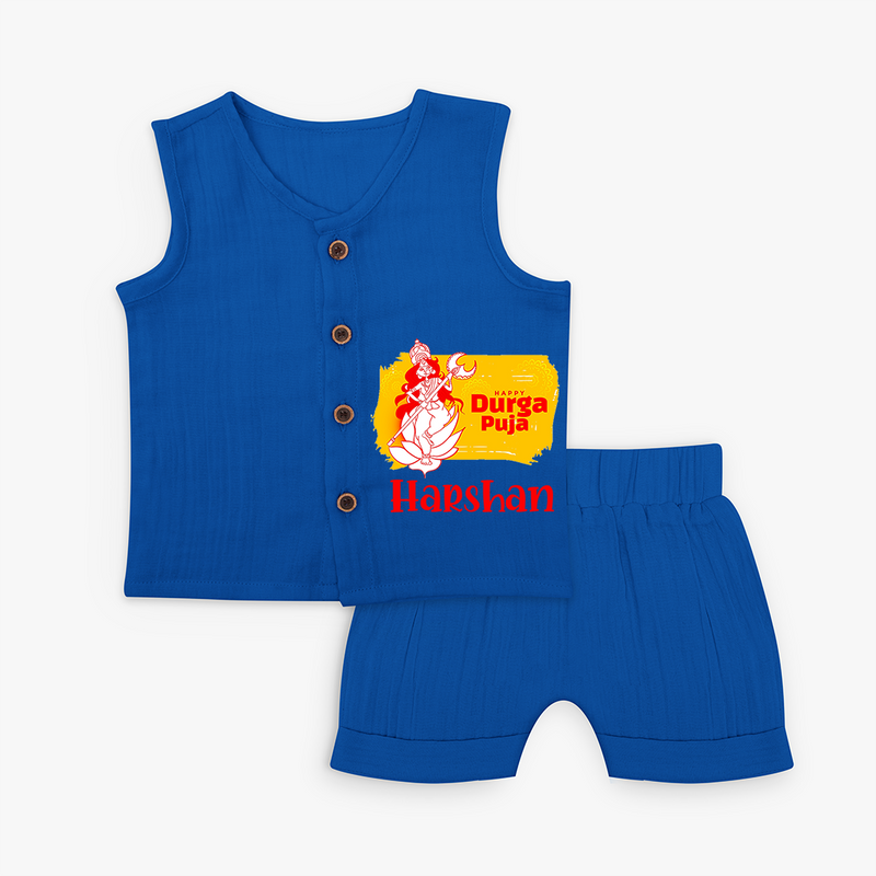 Happy Durga puja - Customized Durga Puja Themed Kids Jabla Set - MIDNIGHT BLUE - 0 - 3 Months Old (Chest 9.8")