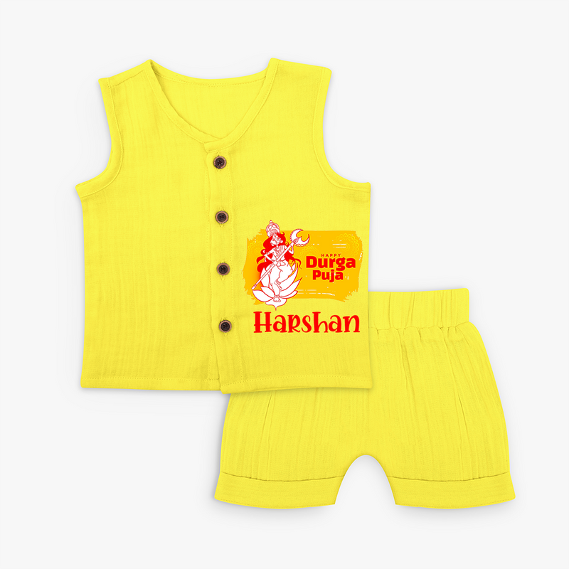 Happy Durga puja - Customized Durga Puja Themed Kids Jabla Set - YELLOW - 0 - 3 Months Old (Chest 9.8")