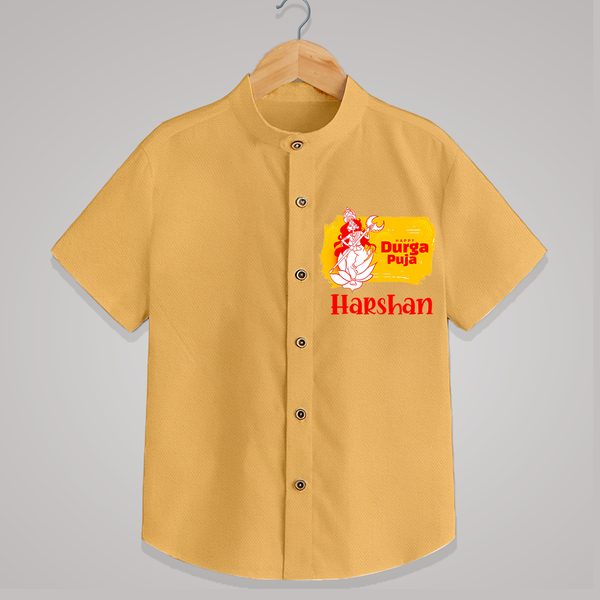 Happy Durga puja - Customized Durga Puja Themed Kids Shirt - PASTEL YELLOW - 0 - 6 Months Old (Chest 23")