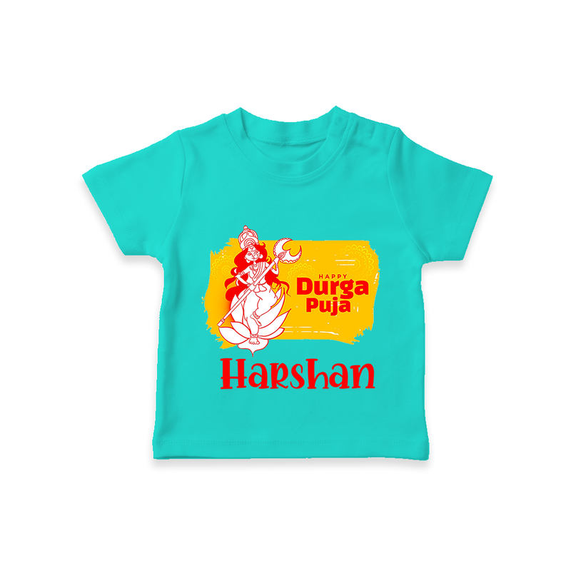 Happy Durga puja - Customized Durga Puja Themed Kids T-Shirt - TEAL - 0-5 Months Old (Chest 17")