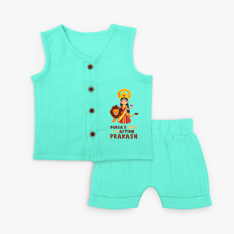 Durga's Hero In Action - Customized Jabla Set For Kids - AQUA GREEN - 0 - 3 Months Old (Chest 9.8")