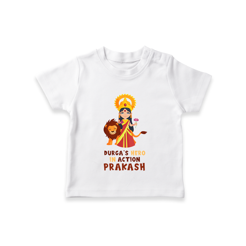 Durga's Hero In Action - Customized T-Shirt For Kids - WHITE - 0-5 Months Old (Chest 17")