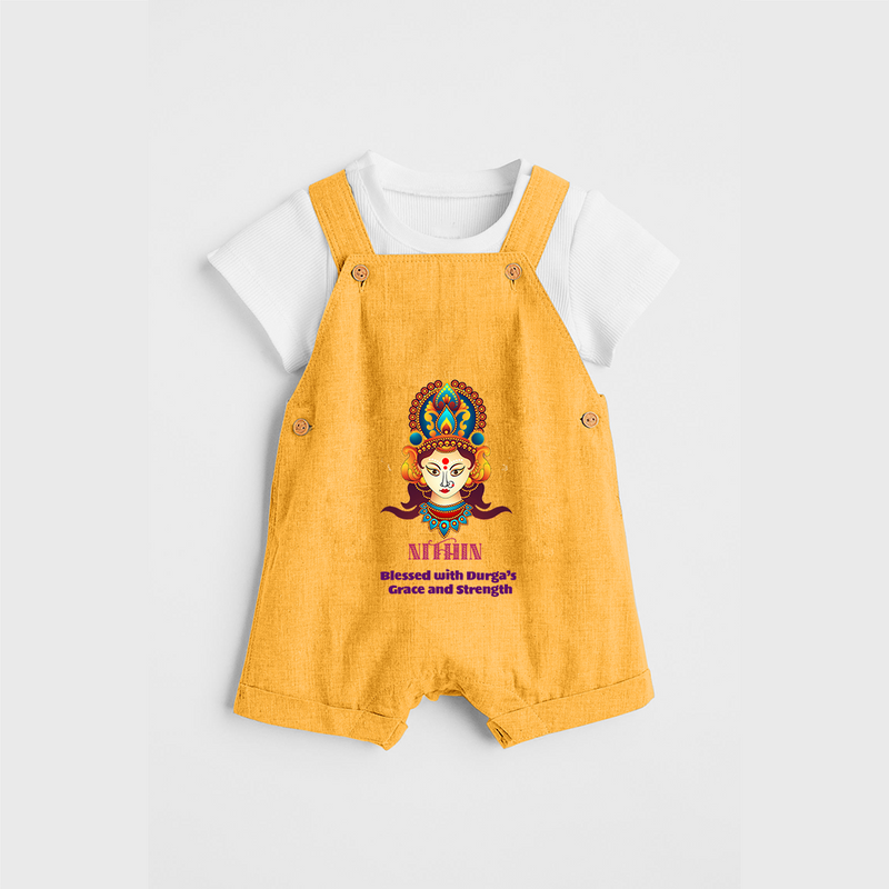 Blessed With Durga's Grace And Strength - Customized Dungaree Set For Kids - PASTEL YELLOW - 0 - 5 Months Old (Chest 18")