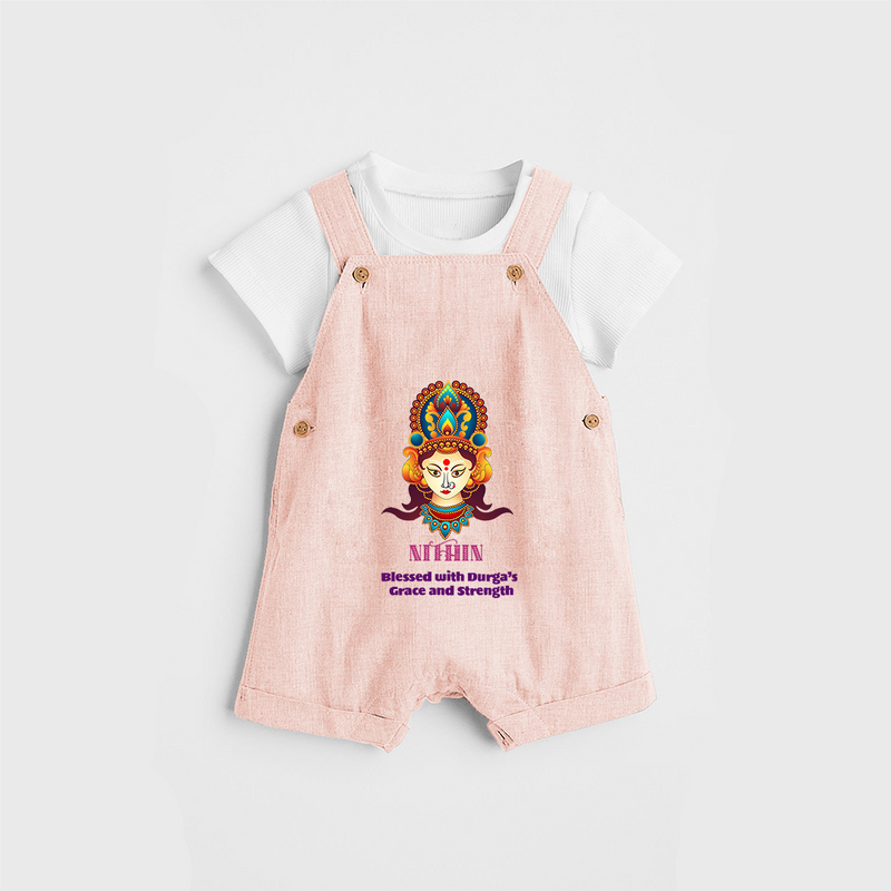 Blessed With Durga's Grace And Strength - Customized Dungaree Set For Kids - PEACH - 0 - 5 Months Old (Chest 18")