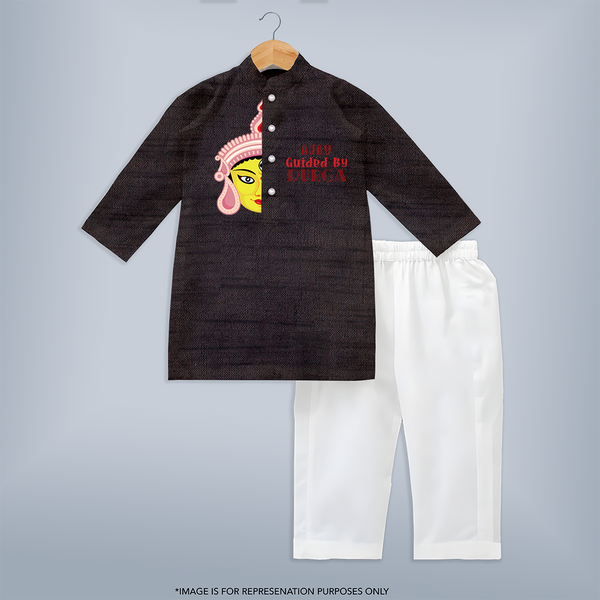 Guided By Durga - Durga Pooja Themed Customized Kurta Set For Boys - COFFEE - 3-6 Month Old (Chest 24", Kurta Length 14'', Waist 19", Pant Length 14")