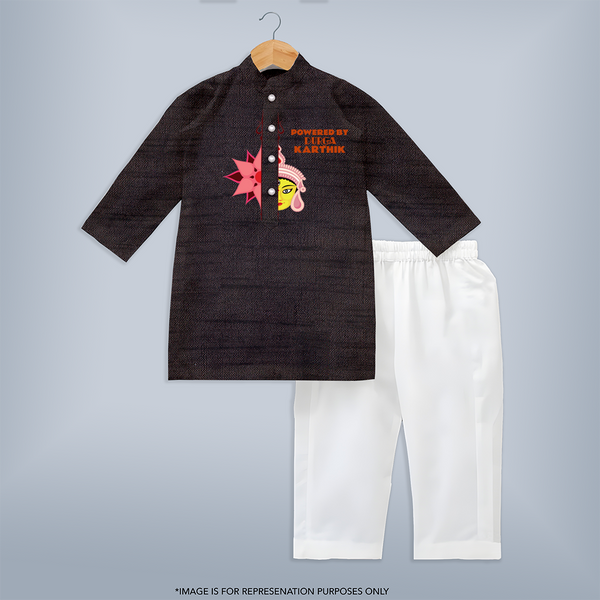 Powered By Durga - Durga Pooja Themed Customized Kurta Set For Boys - COFFEE - 3-6 Month Old (Chest 24", Kurta Length 14'', Waist 19", Pant Length 14")