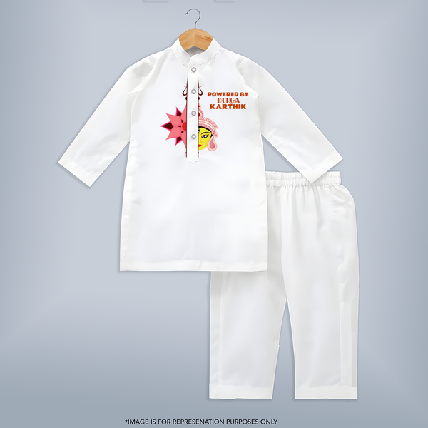 Powered By Durga - Durga Pooja Themed Customized Kurta Set For Boys - WHITE - 3-6 Month Old (Chest 24", Kurta Length 14'', Waist 19", Pant Length 14")