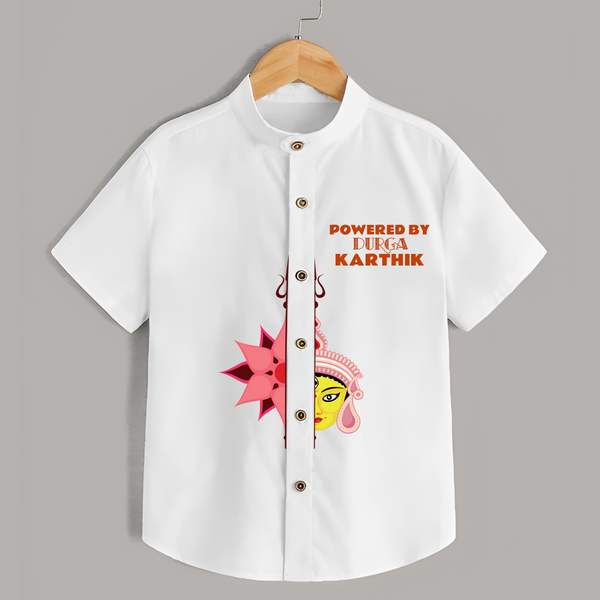 Powered By Durga - Durga Pooja Themed Customized shirt For Boys - WHITE - 0 - 6 Months Old (Chest 23")