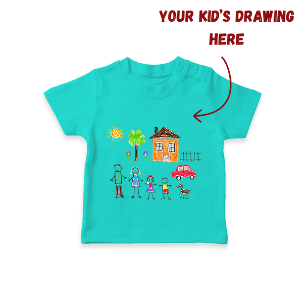 Handmade Drawing T-shirt for Kids | Custom Printable Art T-shirt for Children - TEAL - 0-5 Months Old (Chest 17")