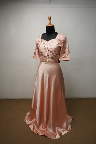 Elegant Peach Satin Embroidered Gown for Women | Premium Party & Reception Dress