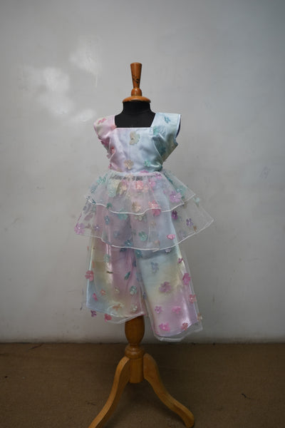 Girls Pastel Rainbow Party Wear Co-Ord Set with 3D Floral Tulle Overlay