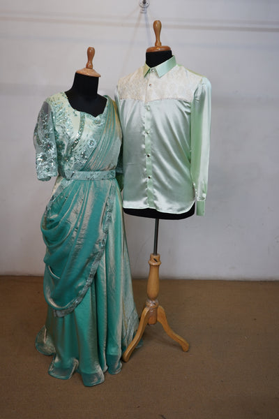 Mint Green Couple Matching Ethnic Outfit Set