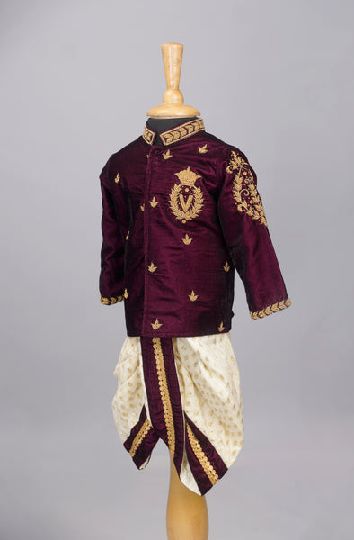 Royal Maroon &amp; Gold Traditional Baby Ethnic Set – Embroidered Kurta with Dhoti