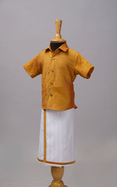 Mustard Silk Shirt &amp; White Dhoti Baby Ethnic Set – Traditional Festive Wear