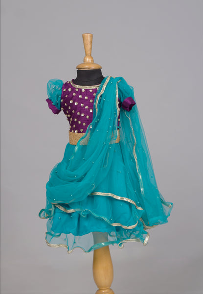 Teal &amp; Purple Girls Ethnic Lehenga Set with Net Dupatta – Festive Party Wear