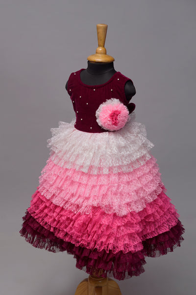 Wine &amp; Pink Ombre Layered Baby Party Dress – Ruffle Princess Frock
