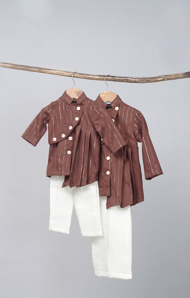 Brown Striped Asymmetric Kurta &amp; White Bottom Set – Sibling Combo Ethnic Wear