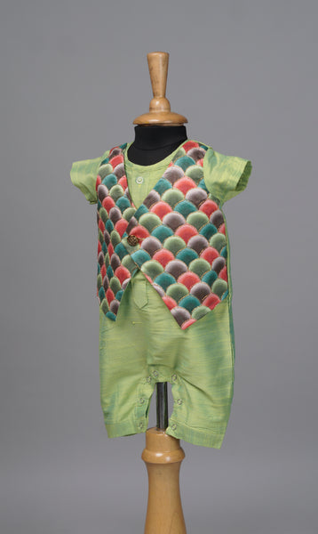 Pastel Green Baby Romper with Printed Ethnic Jacket – Festive Layered Outfit
