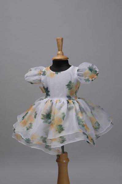 Floral Baby Frock – Soft White Dress with Yellow Rose Accents