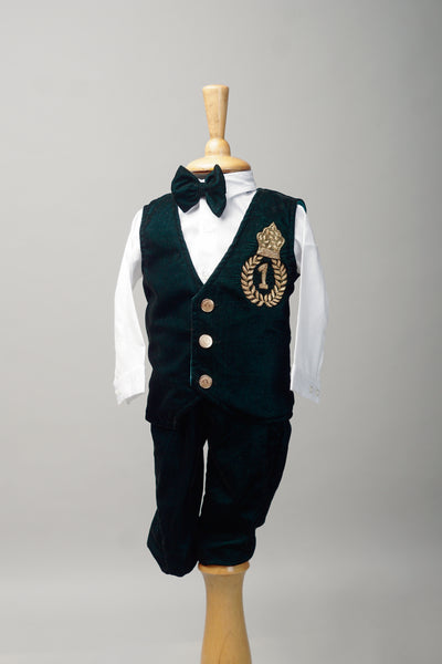 Velvet Baby Boy Tuxedo Set – Green Vest, Bow Tie &amp; Pants for Formal Occasions