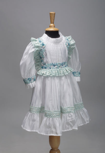Mint Floral Baby Dress – Elegant White Dress with Ruffled Sleeves and Lace Details
