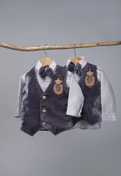 Purple Velvet Baby Vest Set – Twin Set with Lion Crest &amp; Bow Tie for Special Occasions