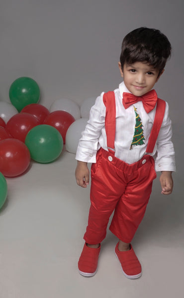 Red Suspender Pants Set with Christmas Tree Embroidery – Kids Holiday Outfit