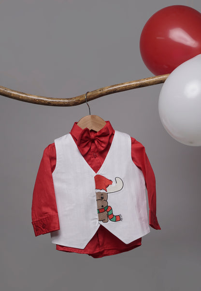 Red Shirt and White Vest Set with Christmas Reindeer Embroidery – Kids Holiday Outfit