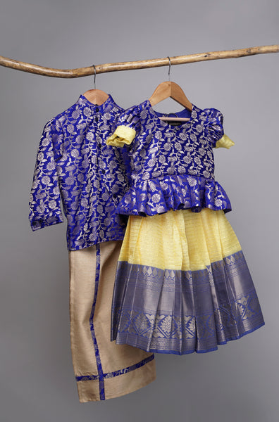 Traditional Sibling Set – Blue and Yellow Peplum Top and Kurta with Silk Skirt
