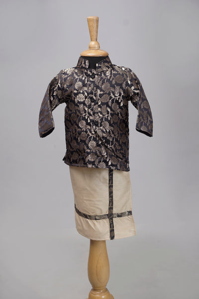 Black Floral Brocade Kurta and Cream Dhoti Set – Traditional Baby Ethnic Wear