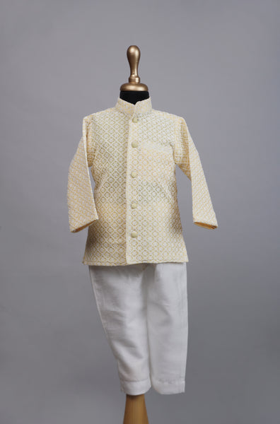Cream Jacquard Kurta and White Pants Set – Classic Baby Ethnic Wear