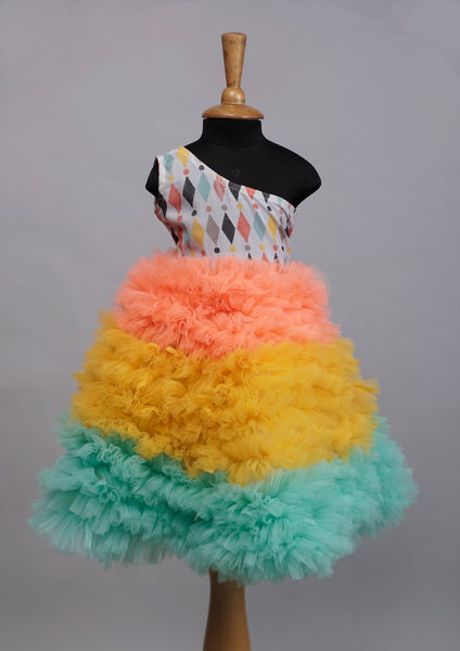 Rainbow Layered Ruffle Dress – One Shoulder Party Wear for Girls