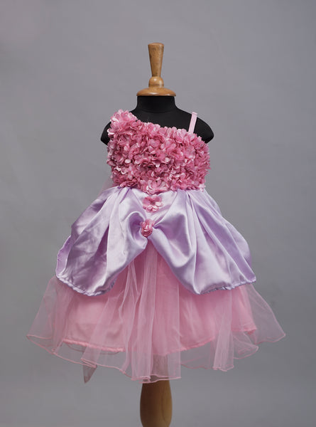 Pink Floral Party Dress with Satin Bow – One Shoulder Baby Girl Outfit