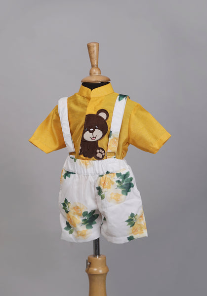 Yellow Shirt with Bear Print and Floral Suspender Shorts Set – Baby Casual Outfit