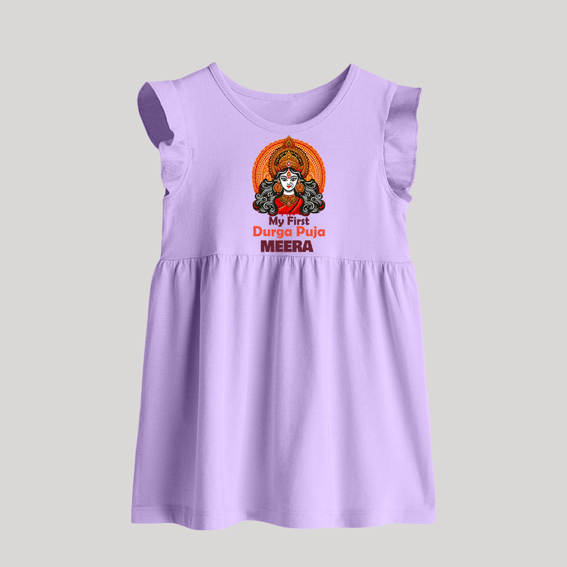 My First Durga Puja Baby Frock | Personalized Baby Frock for Navratri - LILAC - 0 - 3 Months Old (Chest 17")
