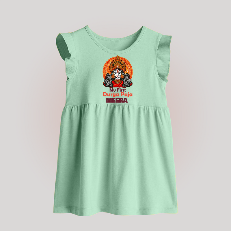 My First Durga Puja Baby Frock | Personalized Baby Frock for Navratri - MINT GREEN - 0 - 3 Months Old (Chest 17")