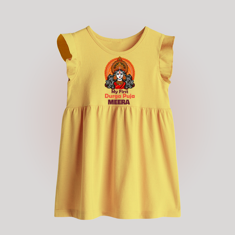 My First Durga Puja Baby Frock | Personalized Baby Frock for Navratri - PASTEL YELLOW - 0 - 3 Months Old (Chest 17")