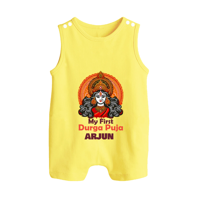 My First Durga Puja Romper Suit | Personalized Baby Romper Suit for Navratri - PASTEL YELLOW - 0 - 5 Months Old (Chest 18")