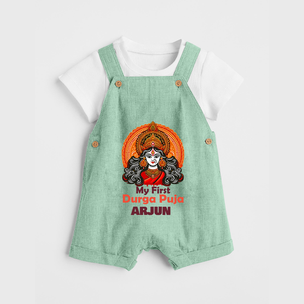 My First Durga Puja Dungaree Set | Personalized Baby Dungaree Set for Navratri - MINT GREEN - 0 - 5 Months Old (Chest 18")