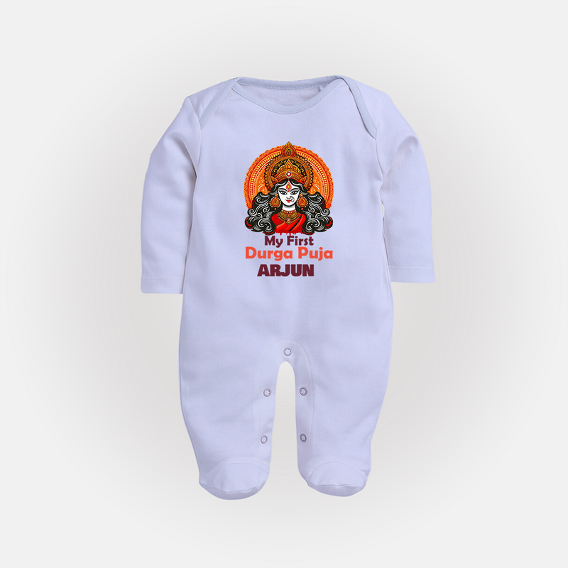 My First Durga Puja Sleep Suit | Personalized Baby Sleep Suit for Navratri - BABY BLUE - New Born (Chest 7.5")