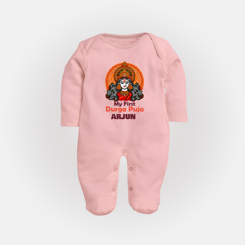 My First Durga Puja Sleep Suit | Personalized Baby Sleep Suit for Navratri - BABY PINK - New Born (Chest 7.5")
