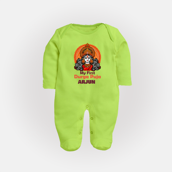 My First Durga Puja Sleep Suit | Personalized Baby Sleep Suit for Navratri - LIME GREEN - New Born (Chest 7.5")