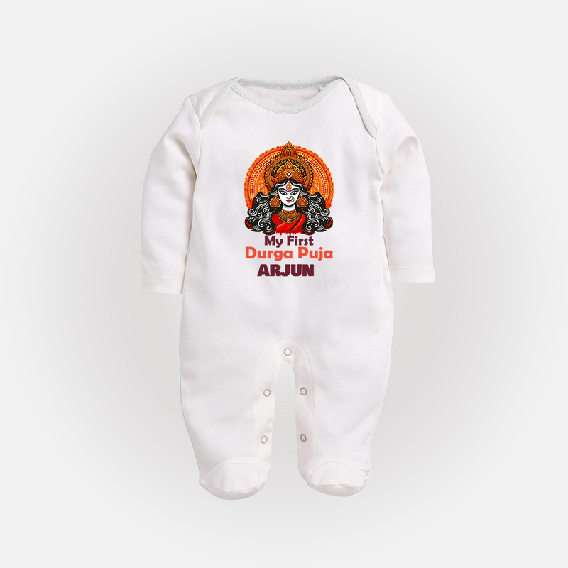 My First Durga Puja Sleep Suit | Personalized Baby Sleep Suit for Navratri - WHITE - New Born (Chest 7.5")