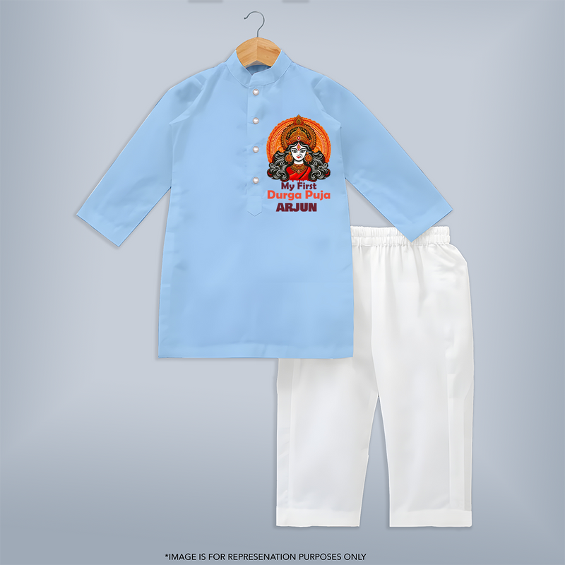 My First Durga Puja Kurta Set | Personalized Baby Kurta Set for Navratri - BABY BLUE - 3 - 6 Months Old (Chest 24", Kurta Length 14'', Waist 19", Pant Length 14")