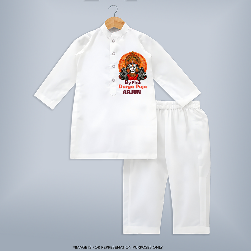 My First Durga Puja Kurta Set | Personalized Baby Kurta Set for Navratri - WHITE - 3 - 6 Months Old (Chest 24", Kurta Length 14'', Waist 19", Pant Length 14")