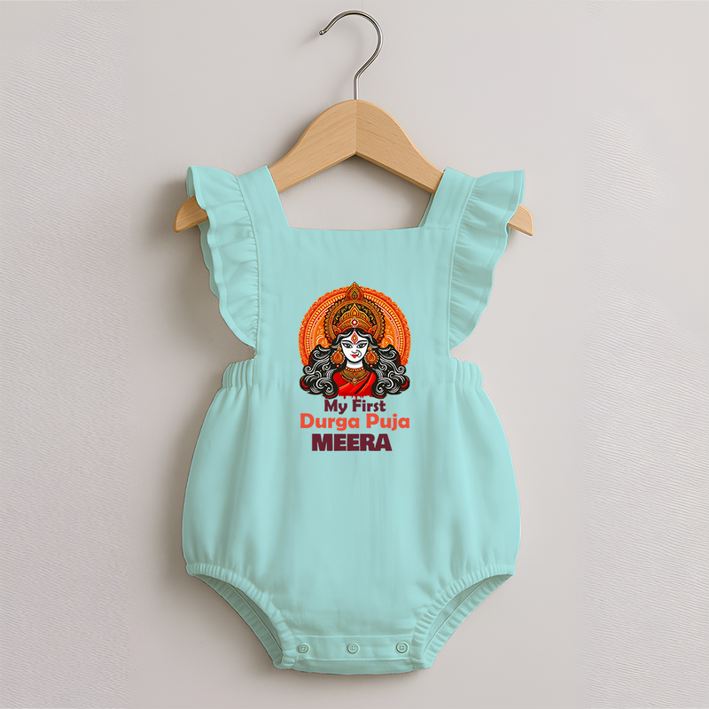 My First Durga Puja Romper Frock | Personalized Baby Romper Frock for Navratri - MINT GREEN - 0 - 3 Months Old (Chest 19")